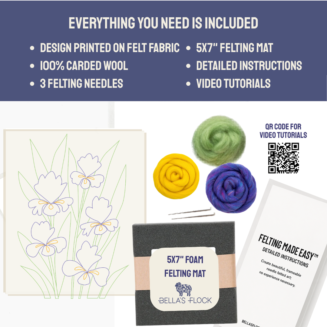 What's included in the Dwarf Lake Iris - Felted Art kit