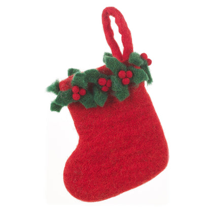 Handmade Felt Mini Christmas Stocking with Green Holly Sprigs