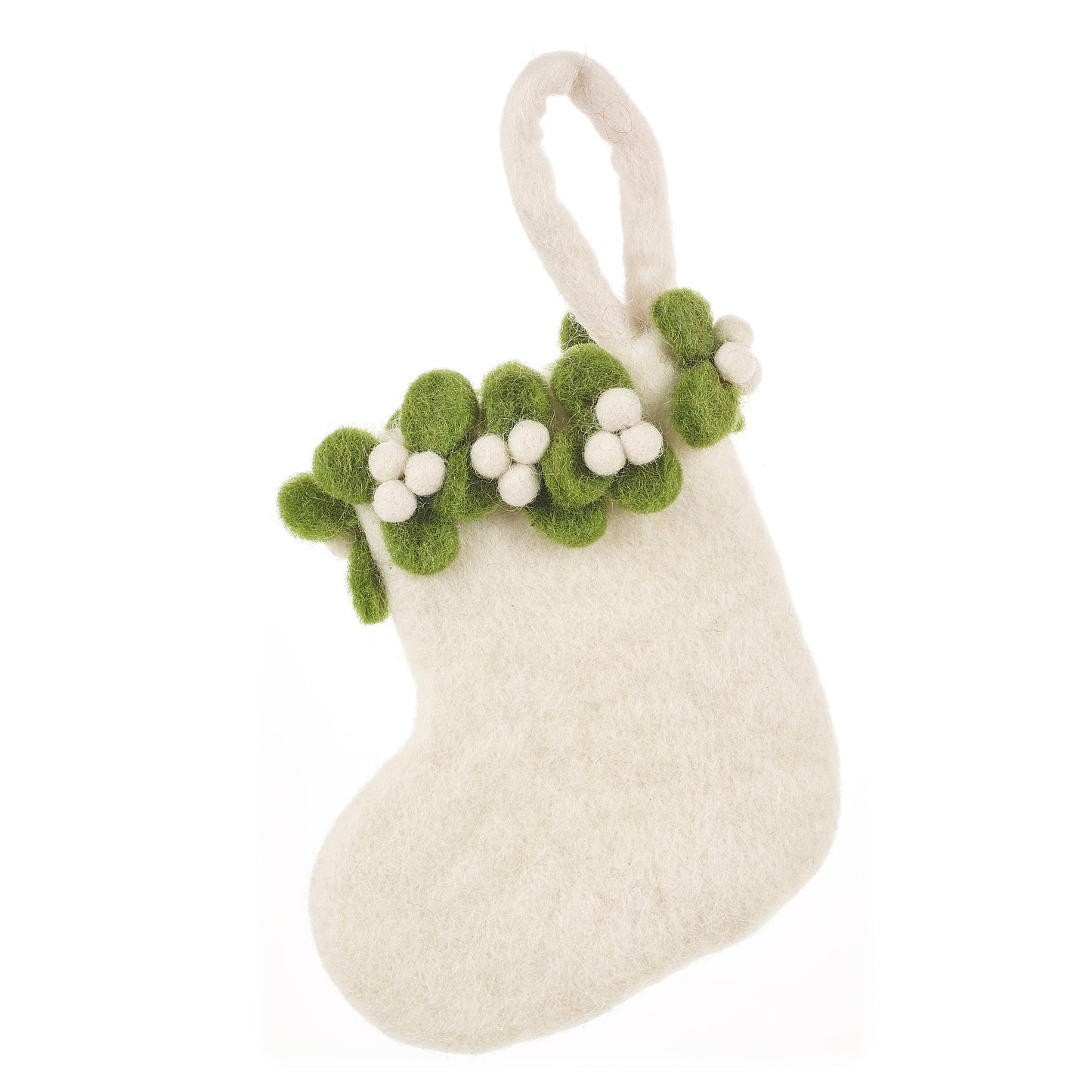 Handmade Felt Mini Christmas Stocking with Green Holly Sprigs