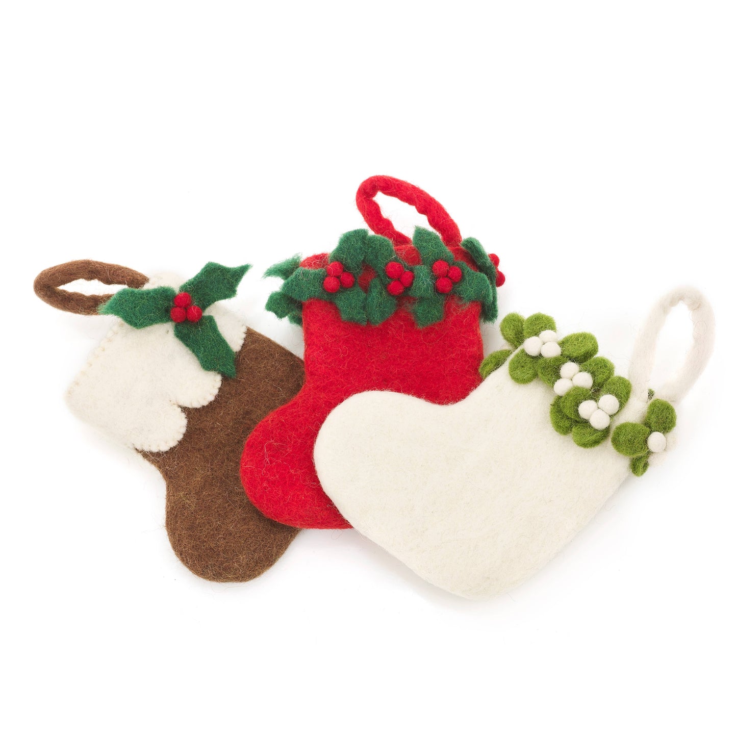 Handmade Felt Mini Christmas Stocking with Green Holly Sprigs