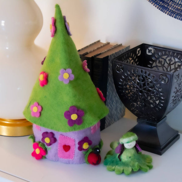 Handcrafted Purple Felt Fairy House with fairy