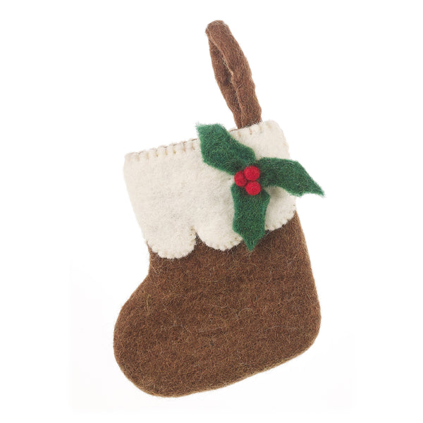 Handmade Felt Mini Christmas Stocking with Green Holly Sprigs