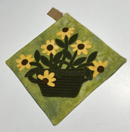 Applique Art Piece with Yellow Daisies in Pot