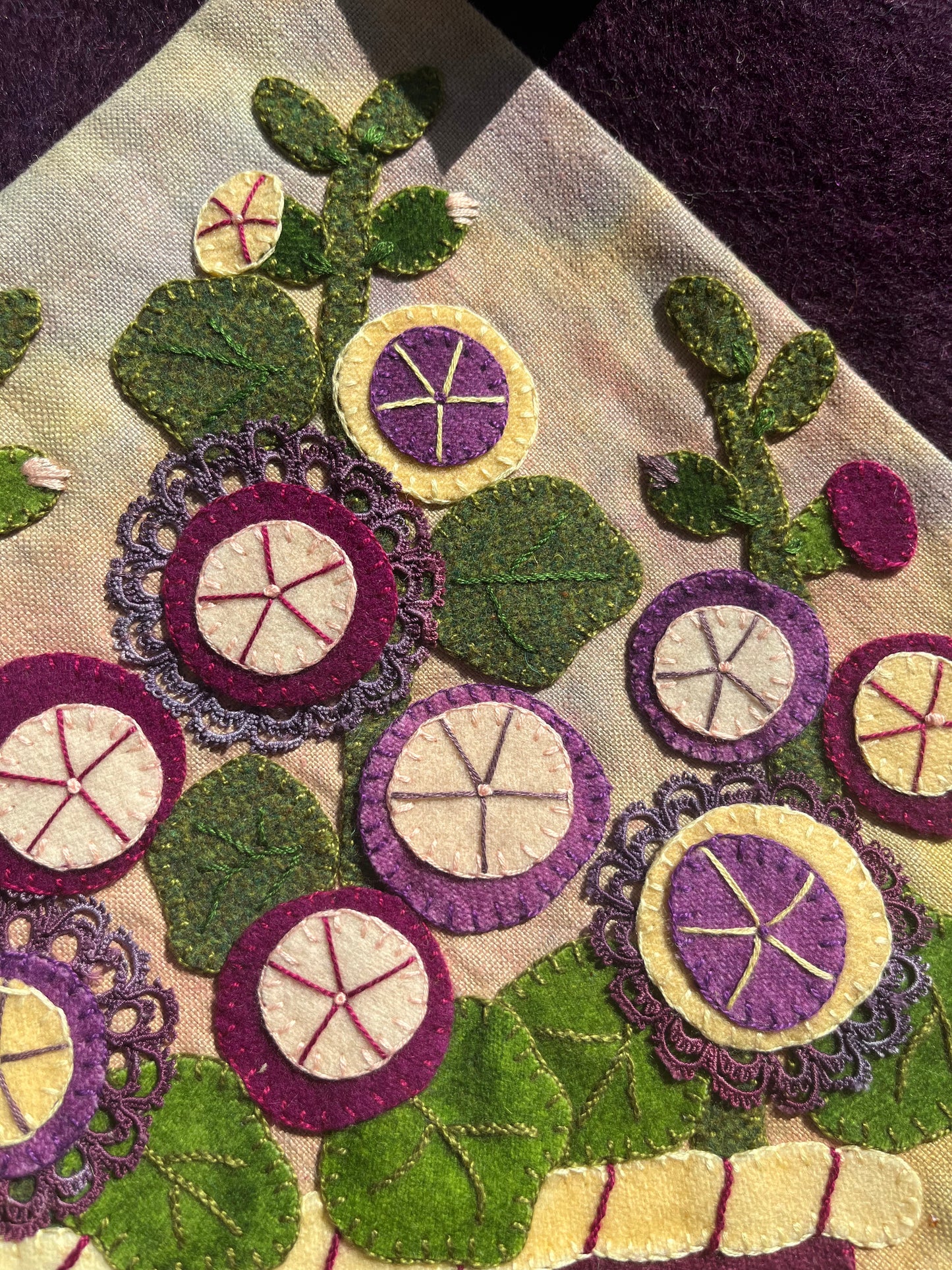 Applique Art Piece with Purple Flowers in Pot