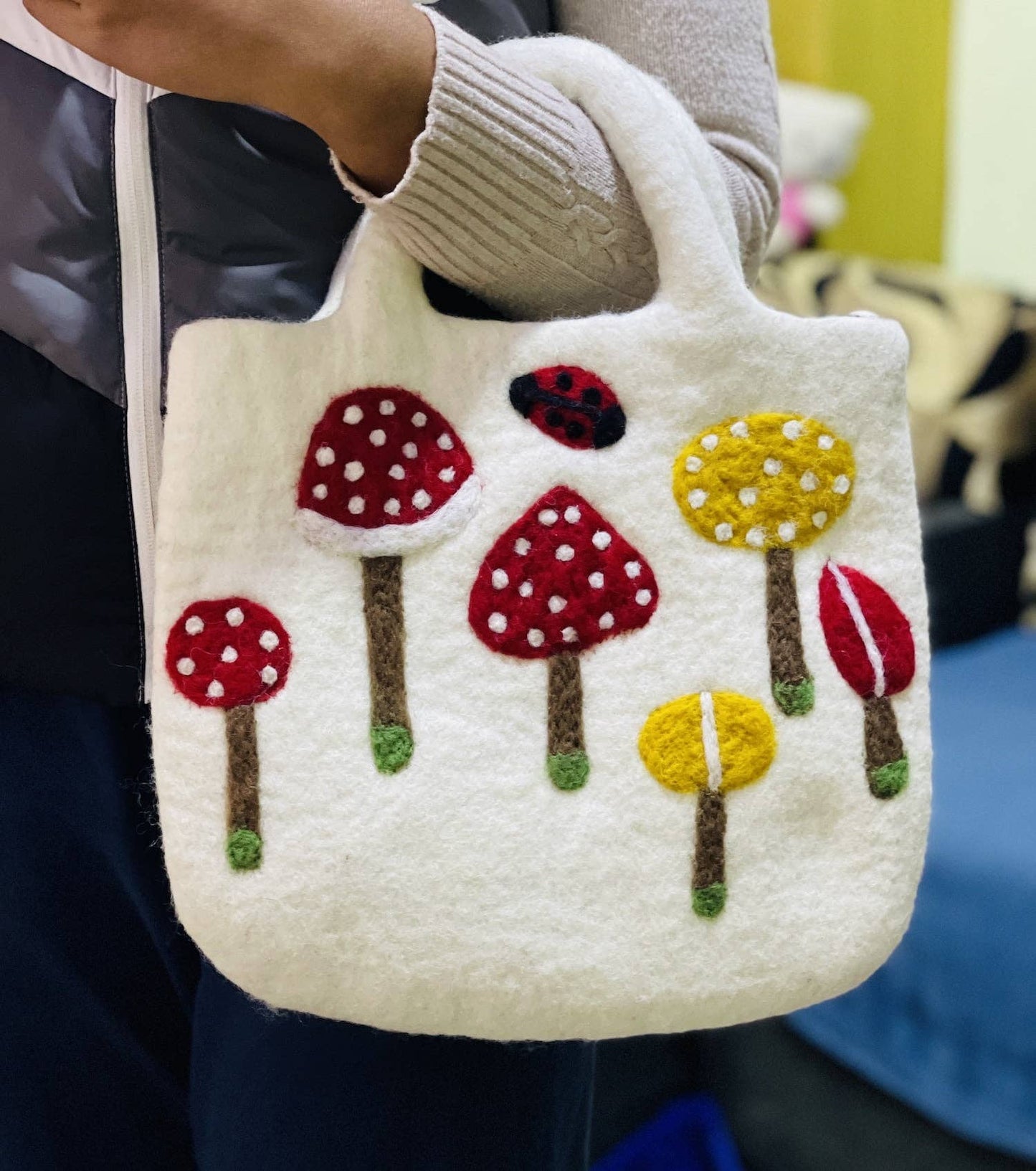 Wool Handbag with Colorful Mushrooms (also a great bag for your current WIP!)