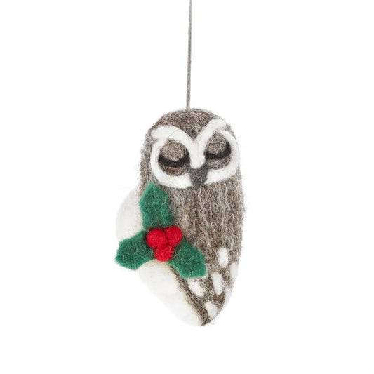 Carol the Christmas Owl Ornament with Holly Brooch