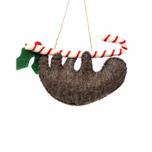 Christmas Sloth on Candy Cane Felt Ornament