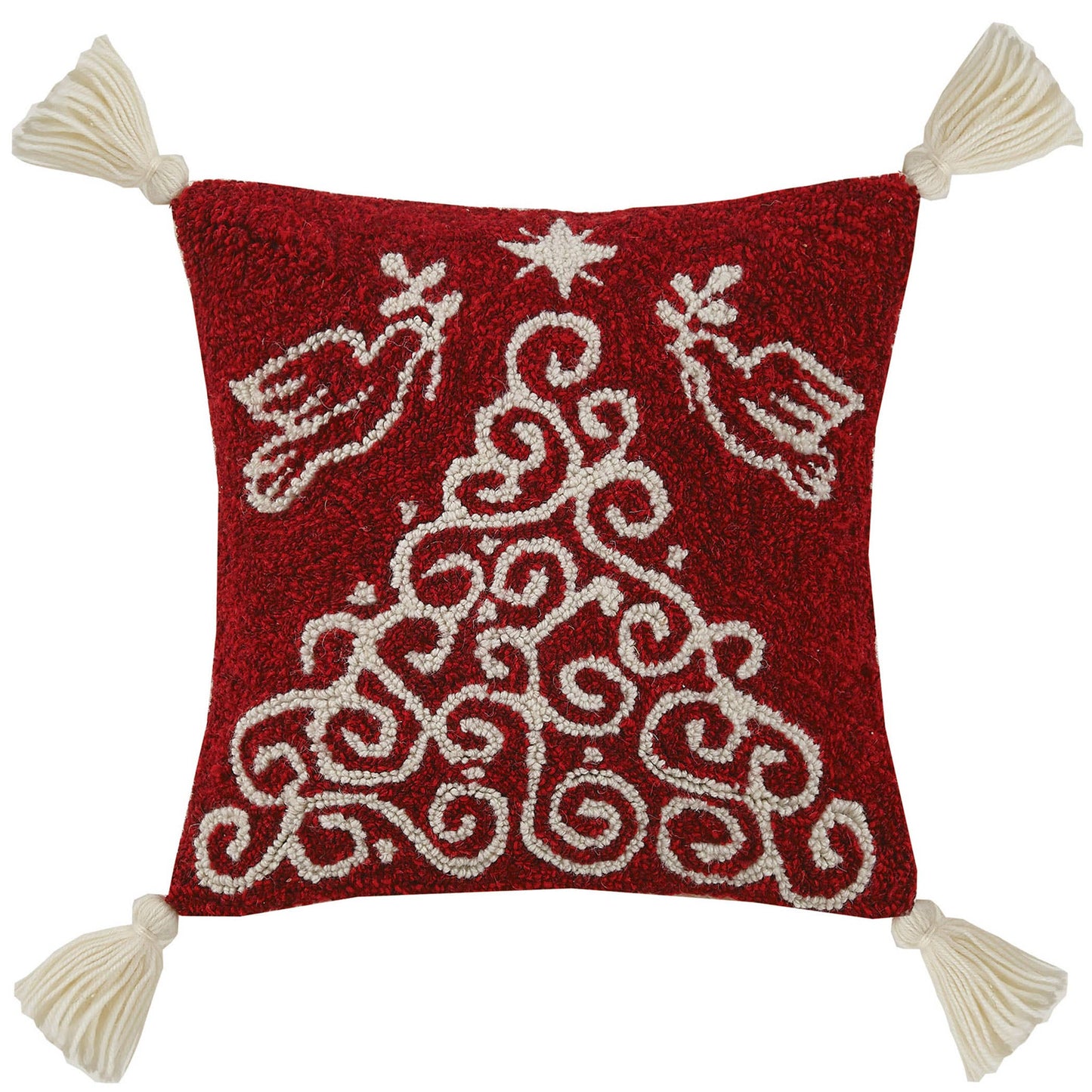 Fancy Christmas Tree Wool Hooked Pillow with Tassels