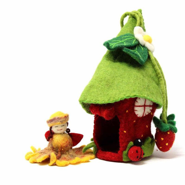 Handcrafted Strawberry Felt Fairy House with Fairy