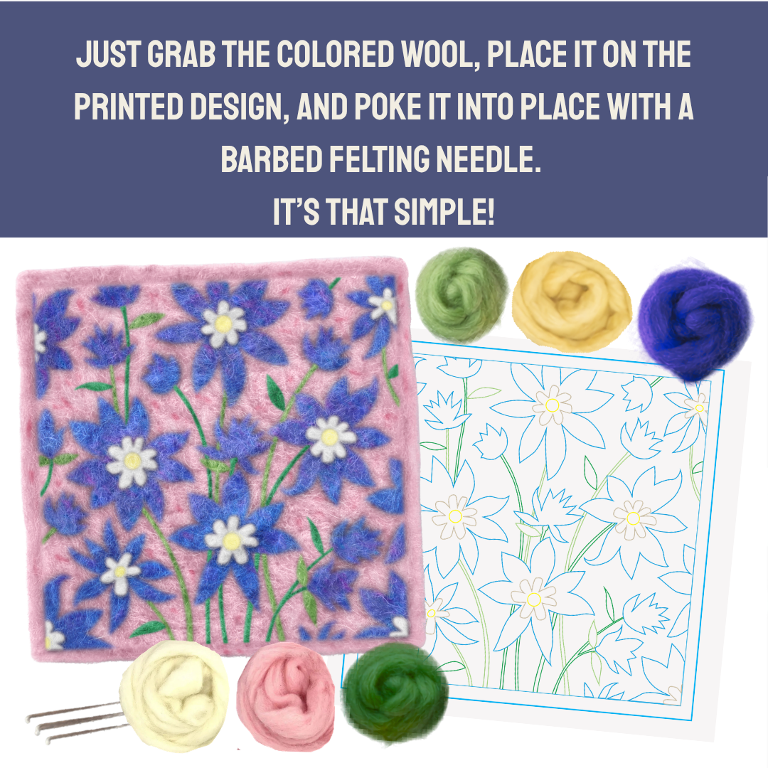 What's included in the Rocky Mountain Columbine- Felted Art Tile kit