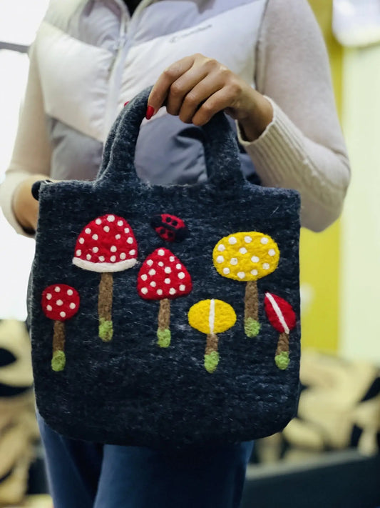 Wool Handbag with Colorful Mushrooms (also a great bag for your current WIP!)