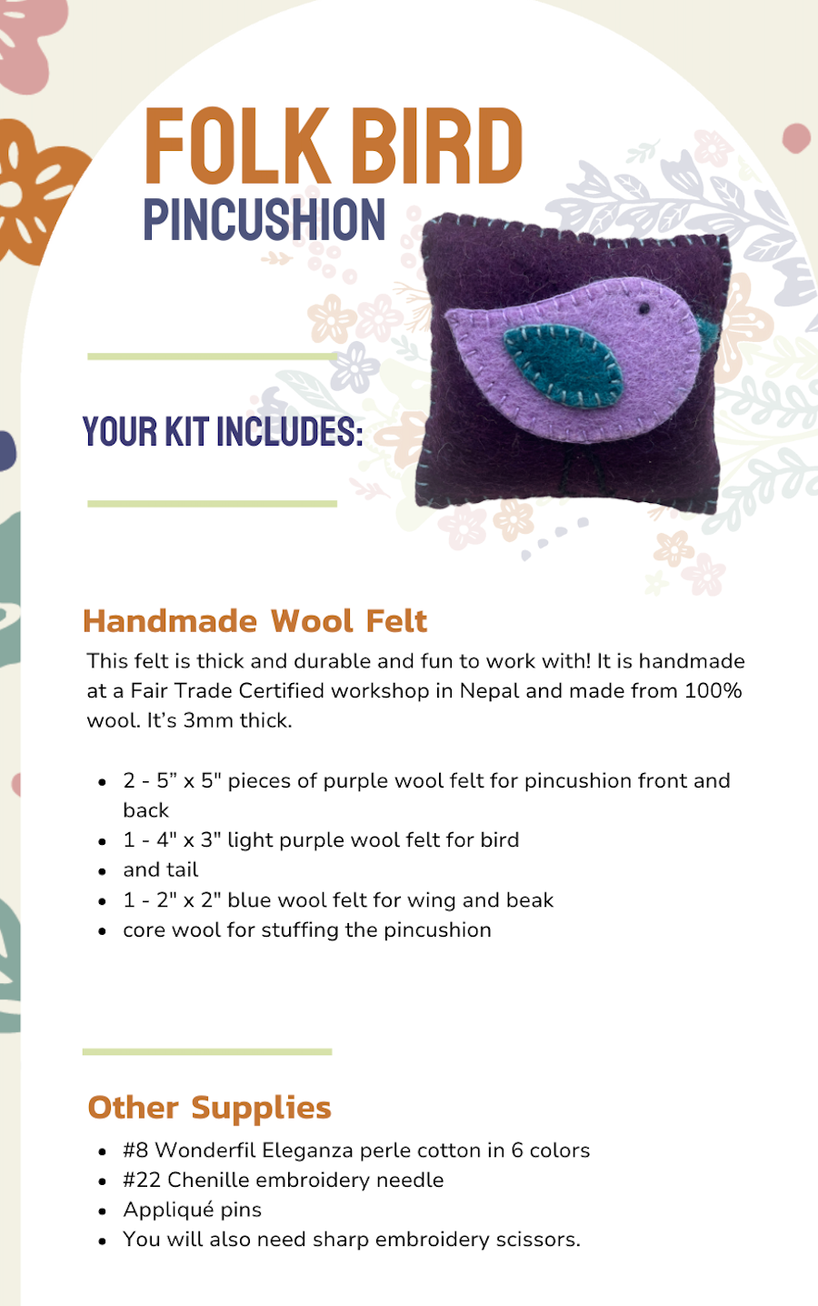 Folk Bird Wool Felt Pincushion Kit