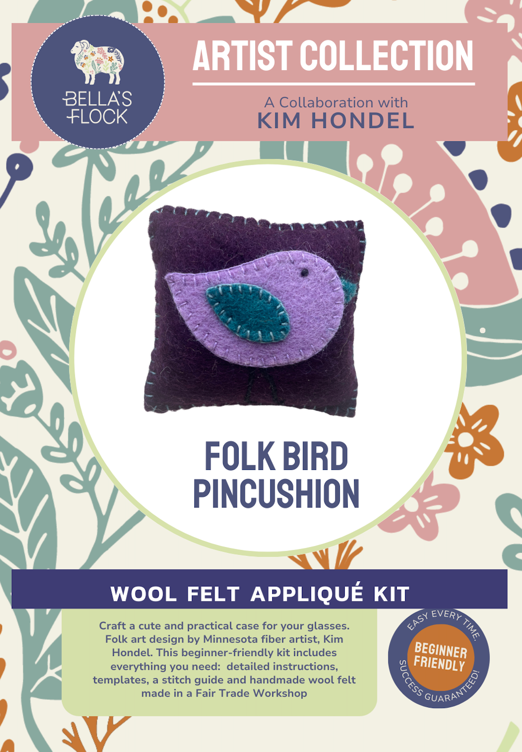 Folk Bird Wool Felt Pincushion Kit