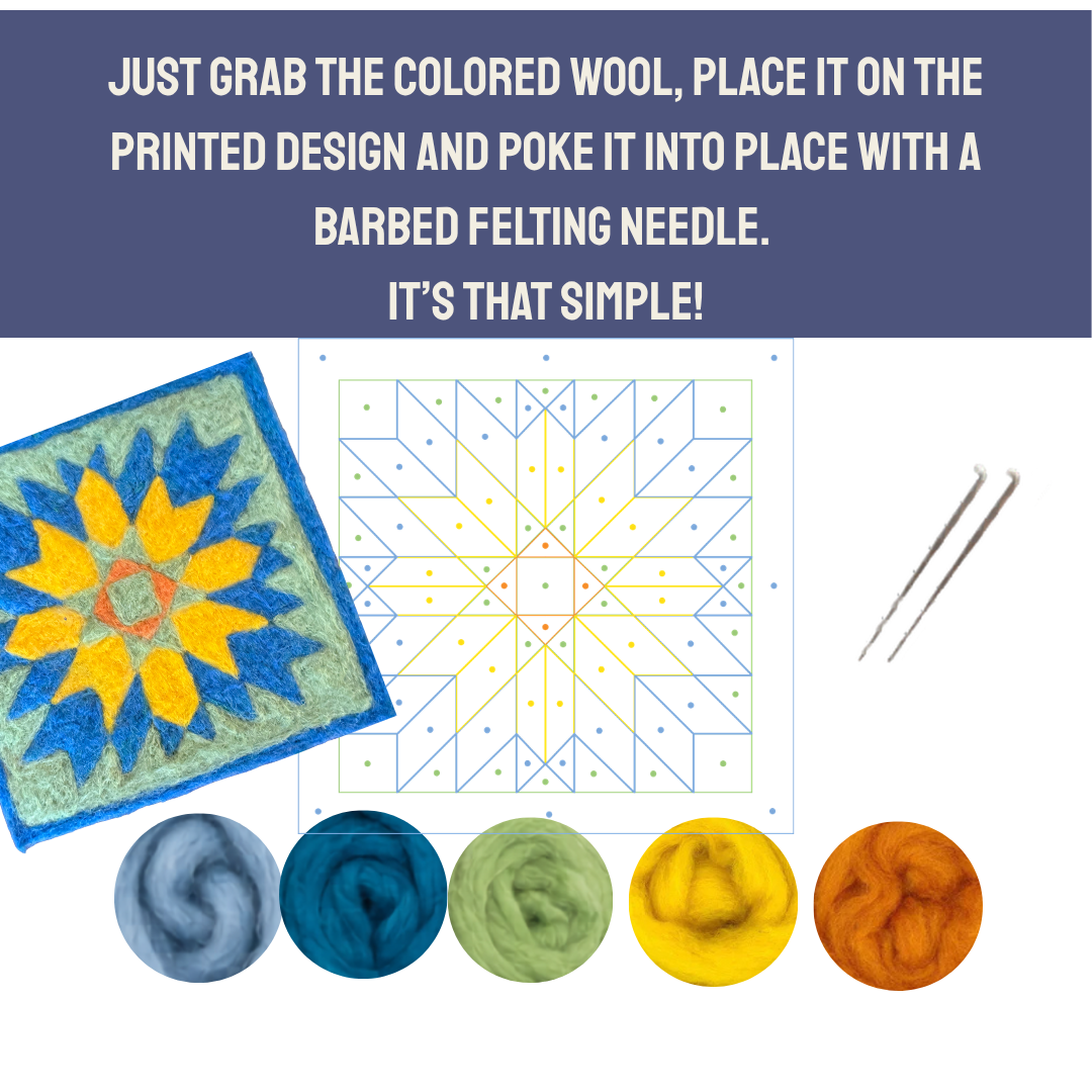 What's included in the Sunburst Star Barn Quilt - Felted Quilt Square kit