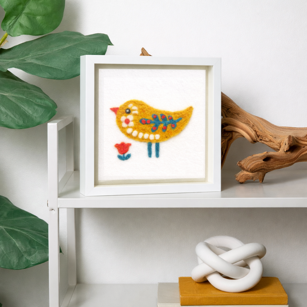 Folk Bird Yellow Garden Bird - Felted Art