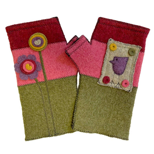 Plum Fingerless Gloves with Bird Applique