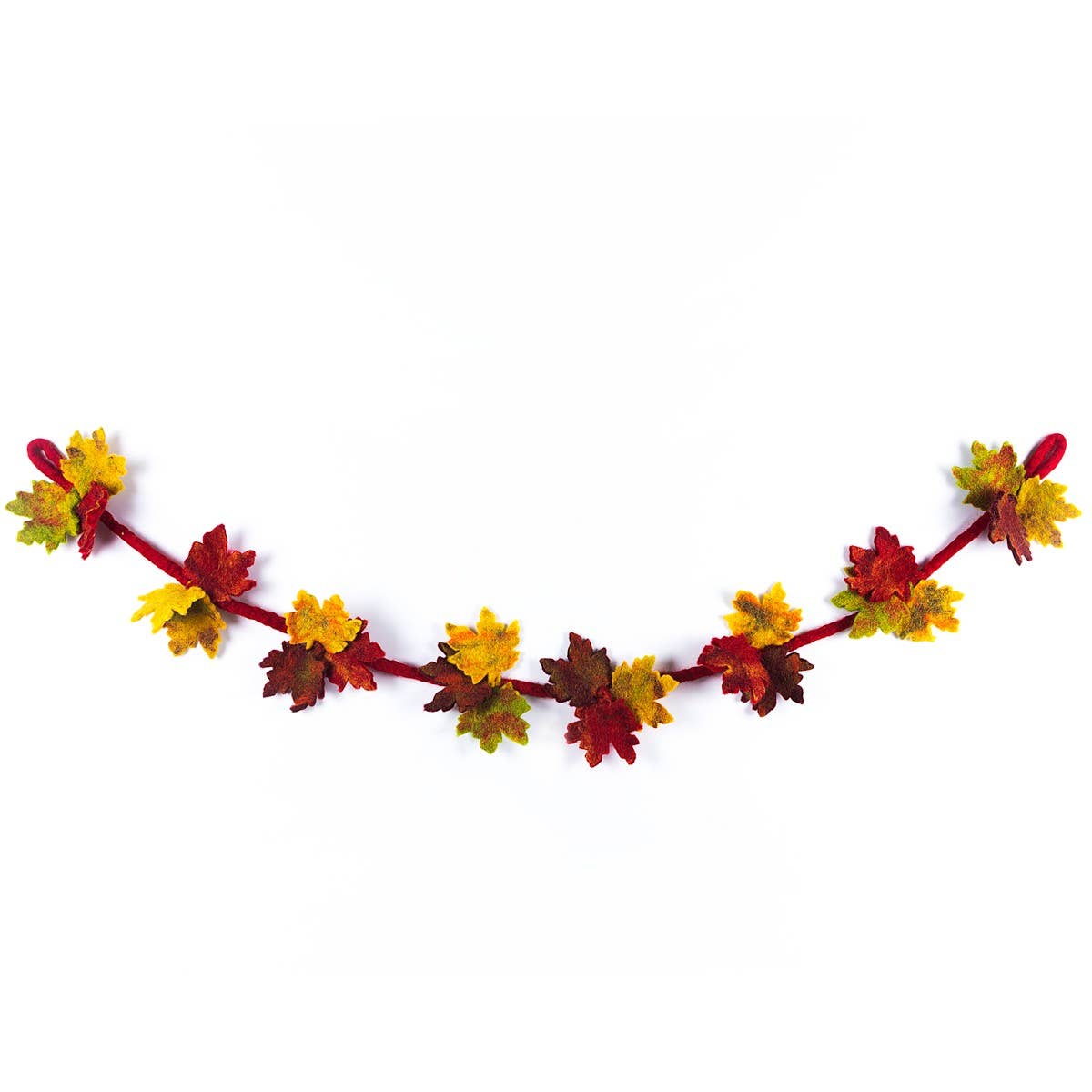 Handmade Fair trade Autumnal Home Décor Felt Leaf Garland on red felt