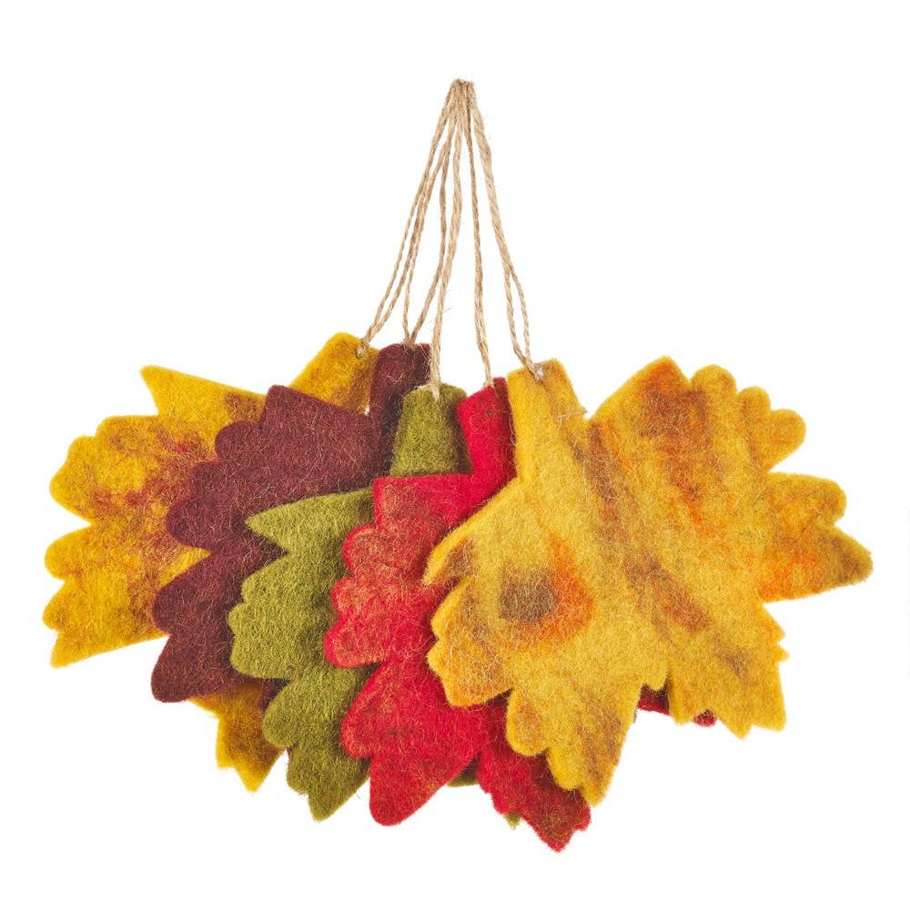 Handmade Felt Fair trade Autumnal Leaves (Set of 5) Hanging