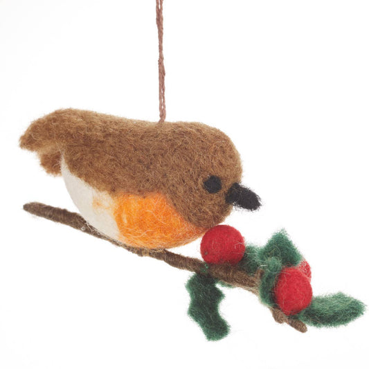 Handmade Robin on a Holly Branch Ornament