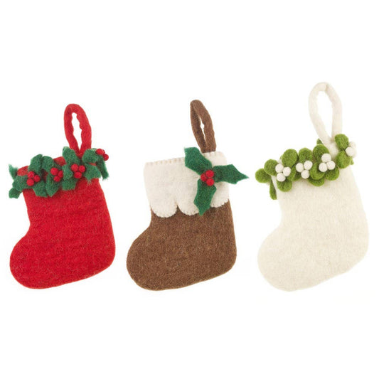 Handmade Felt Mini Christmas Stocking with Green Holly Sprigs