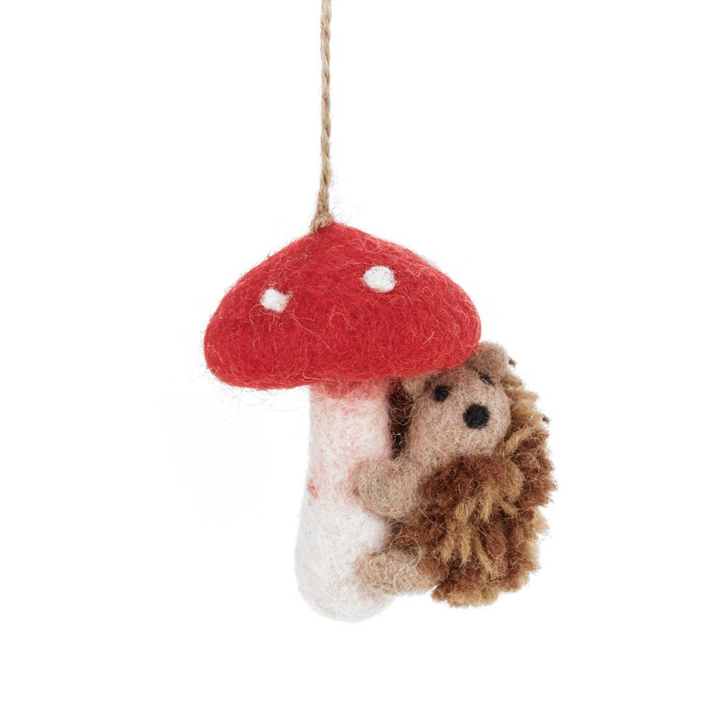 Handmade Felt Hedgehof on a Toadstool Ornament